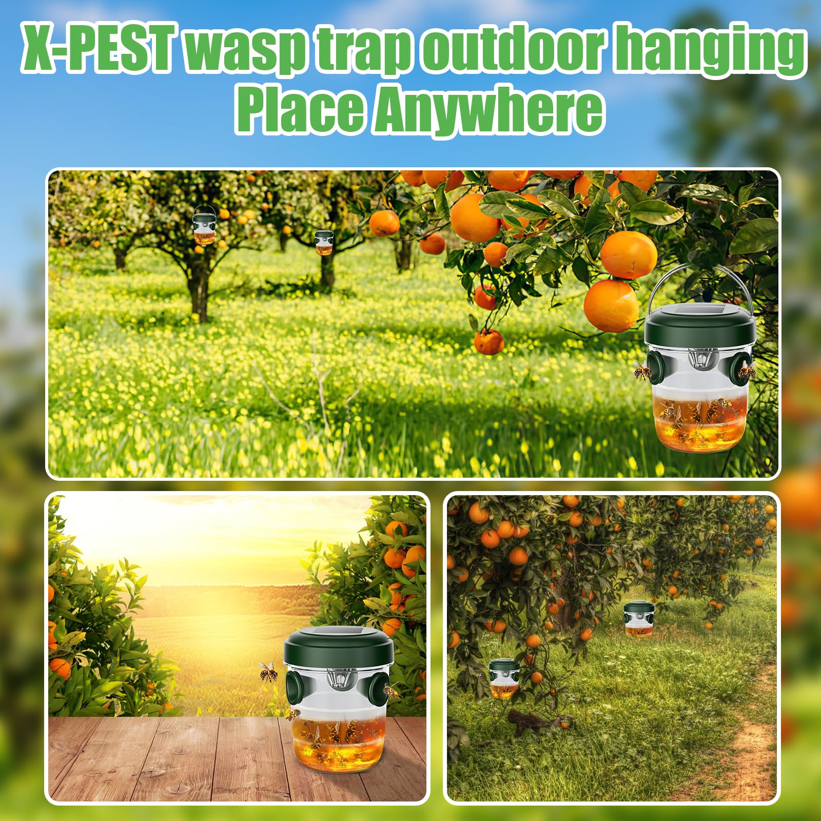 X-PEST Wasp Traps Outdoor Hanging 4 Packs,Solar Powered Bee Traps for Outside Bee Catcher Yellow Jacket Trap, Hornet Trap Carpenter Bee Trap Flying Insect Trap Outdoor