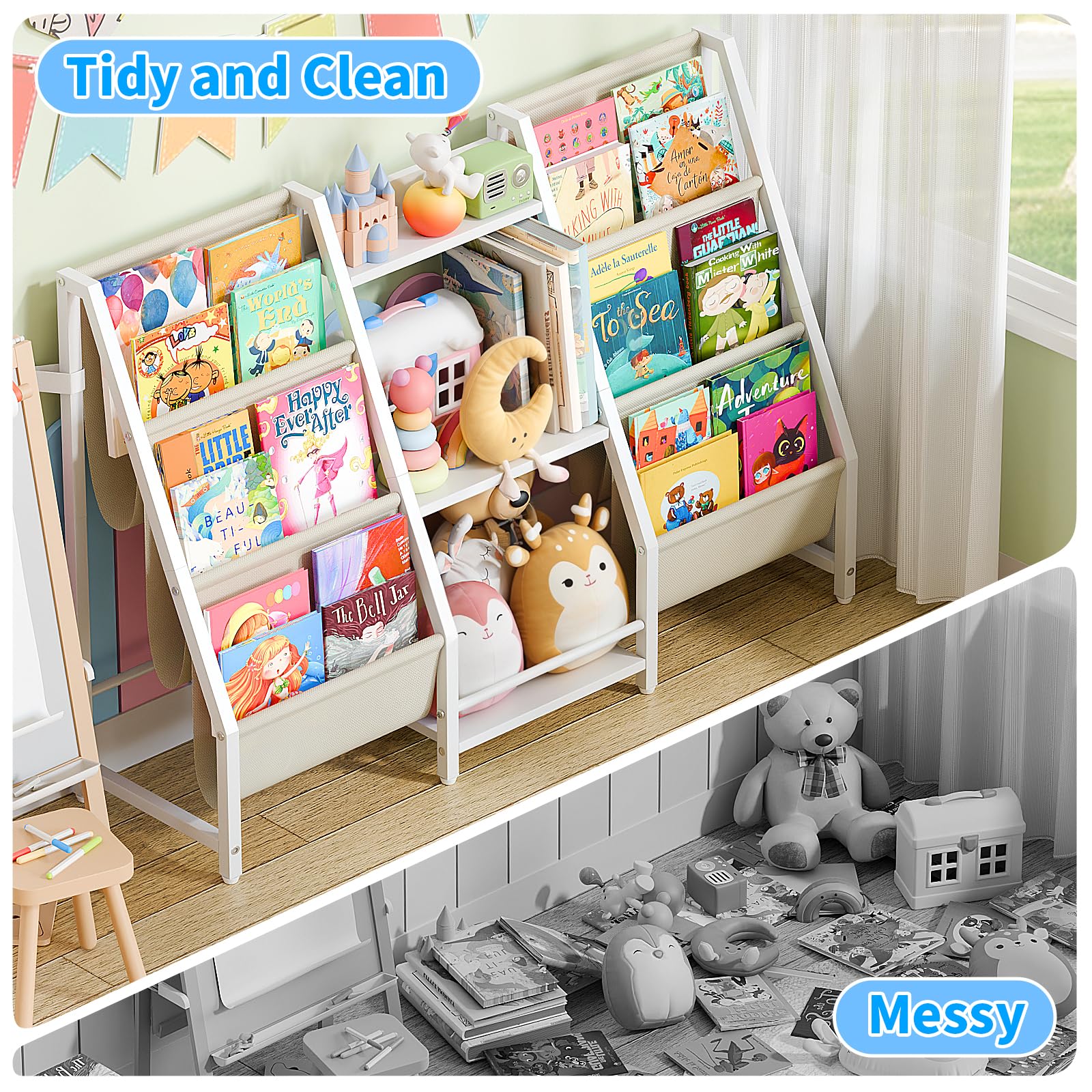 Kids Bookshelf Toy Storage Organizer - Book Shelf for Kids Rooms, 2 Sides Kids Bookcase with 3 Tired Kids Toy Storage Organizer, White Toddler Baby Bookshelf Book Shelves for Bedroom Nursery Playroom