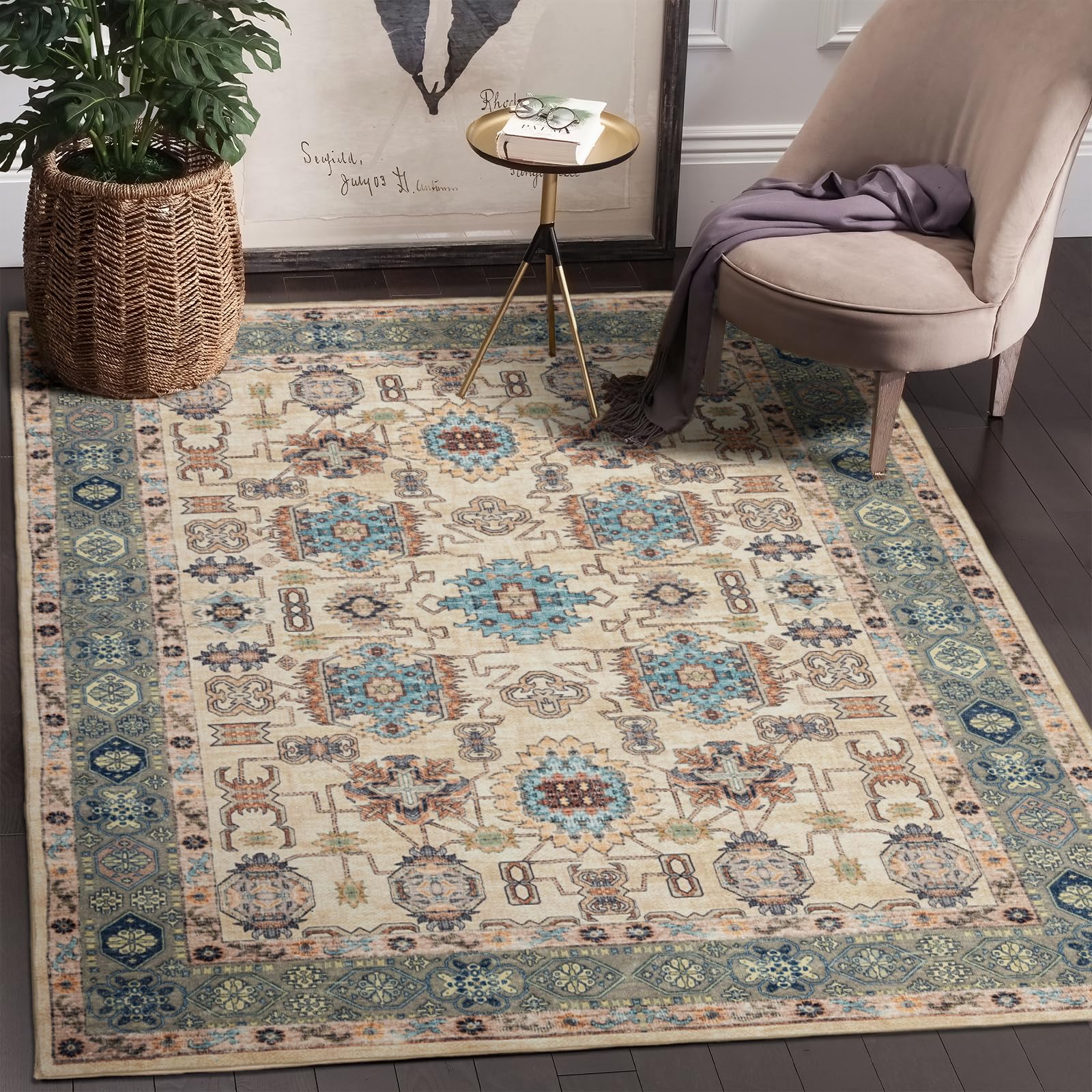 Domitapis Area Rug 5×7, Large Vintage Boho Rug,Ultra-Soft Low Pile, Washable, Non Slip,Stain Resistant, Carpet for Living Room Bedrooms Playroom Office Kitchen,Cream/Blue