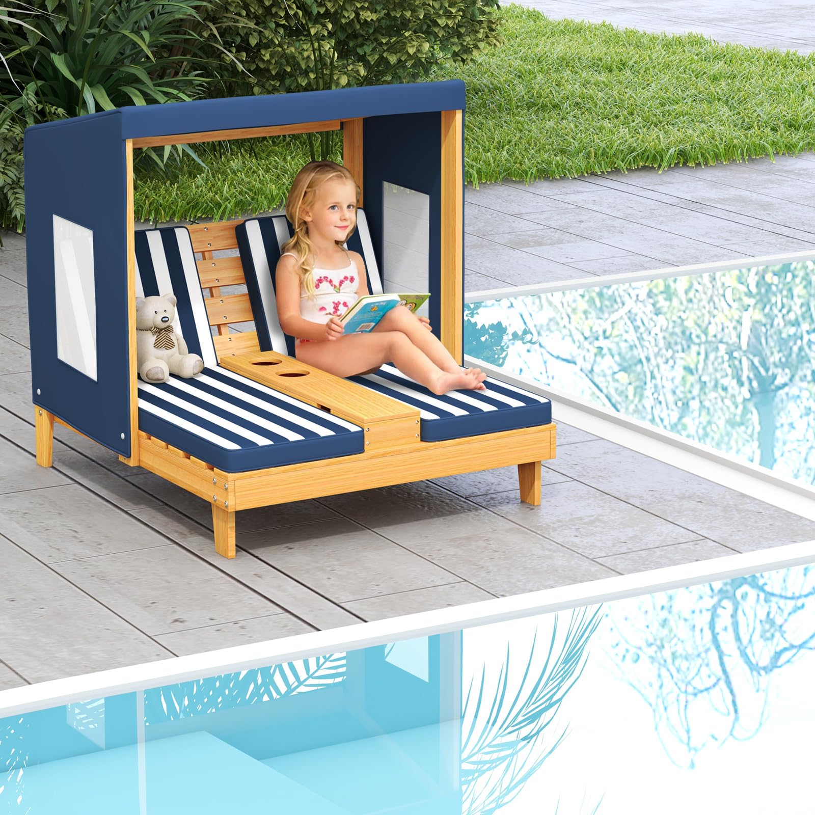 HONEY JOY Kids Chaise Lounge Chair Outdoor, Toddler Wood Double Pool Lounger Chairs w/Canopy, Cup Holders, Removable Stripped Fabric Cushions, 2-Person Kids Patio Furniture for Backyard (Navy Blue)