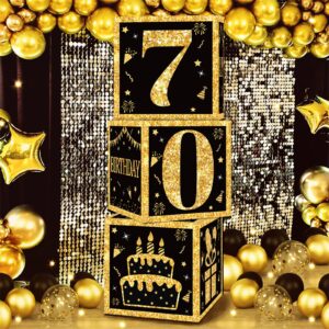 70th Birthday Decorations Boxes for Men- 3PCS Black Gold Happy 70th Birthday Balloons Boxes, 70 Year Old Party Supplies for Men Women