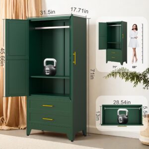 71" Metal Armoire Wardrobe Closet, Metal Wardrobe Cabinet with Hanging Rod (Green)