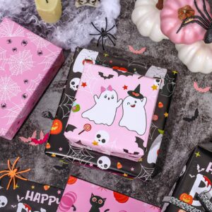 Whaline 12 Sheets Pink Halloween Wrapping Paper - Not Roll - Pink Black Ghost Gift Wrap Paper Pumpkin Cat Folded Flat Cute DIY Art Craft Paper for Halloween Party Decor Supplies, 19.7 x 27.6 Inch