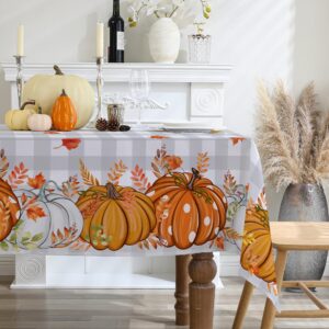 cusugbaso Fall Tablecloth 60x84 Inch Rectangle - Grey Plaid Pumpkins Fall Decorations for Home - Water Resistant Harvest Thanksgiving Table Cloth Rectangle for Party, Dinning, Home