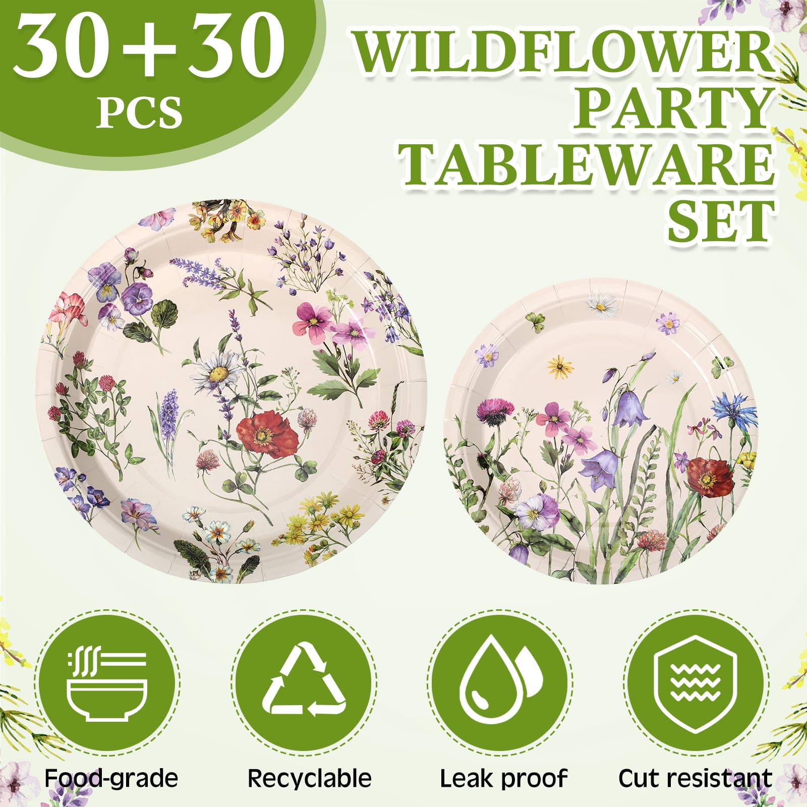 Pickmesh 60 Pcs Wildflower Paper Plates 9 in and 7 in Wild Floral Dinner Plates Watercolor Floral Dessert Plates Wildflower Party Plates for Garden Tea Party Wedding Birthday Baby Shower Bridal Shower