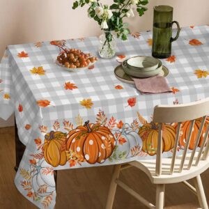 cusugbaso Fall Tablecloth 60x84 Inch Rectangle - Grey Plaid Pumpkins Fall Decorations for Home - Water Resistant Harvest Thanksgiving Table Cloth Rectangle for Party, Dinning, Home