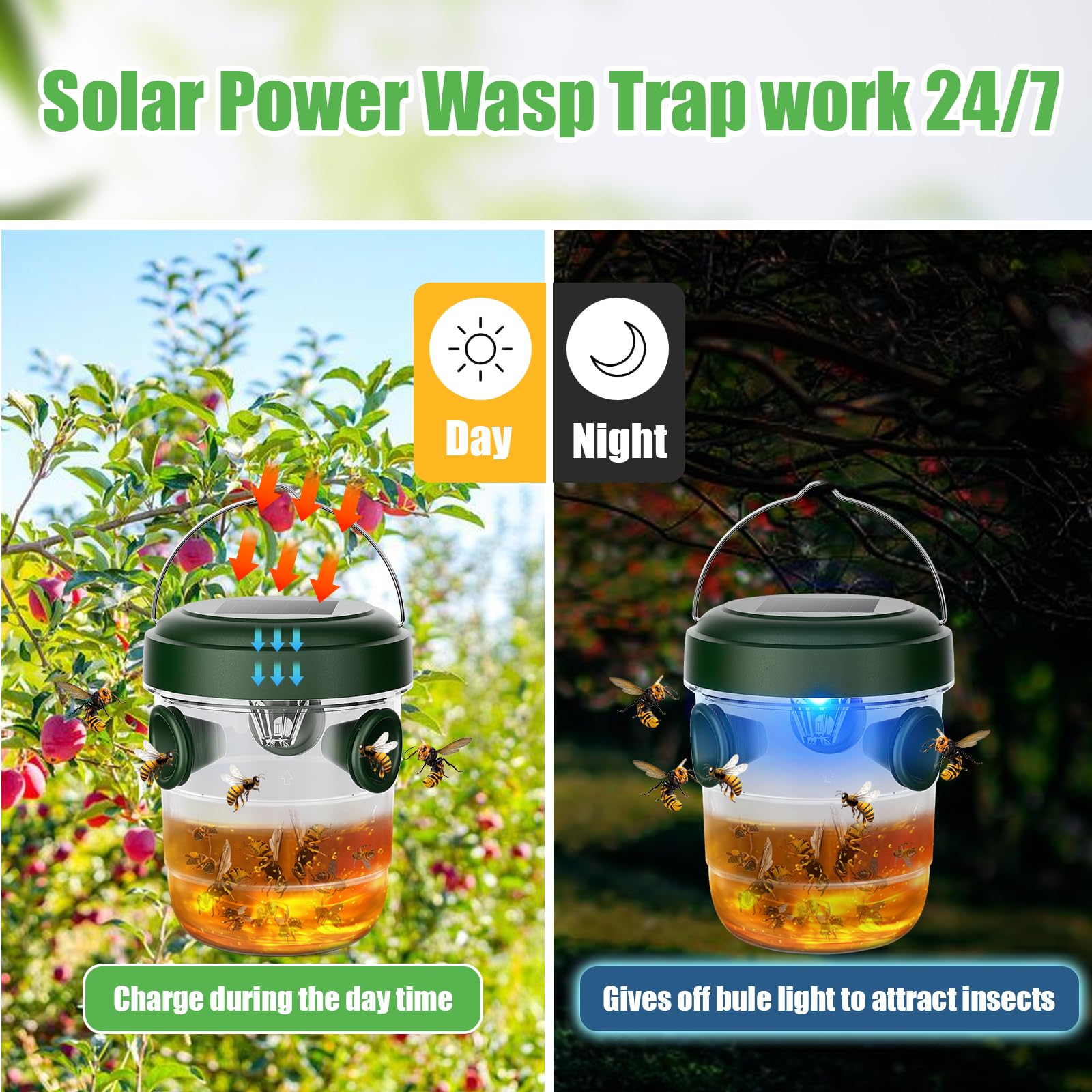 X-PEST Wasp Traps Outdoor Hanging 4 Packs,Solar Powered Bee Traps for Outside Bee Catcher Yellow Jacket Trap, Hornet Trap Carpenter Bee Trap Flying Insect Trap Outdoor