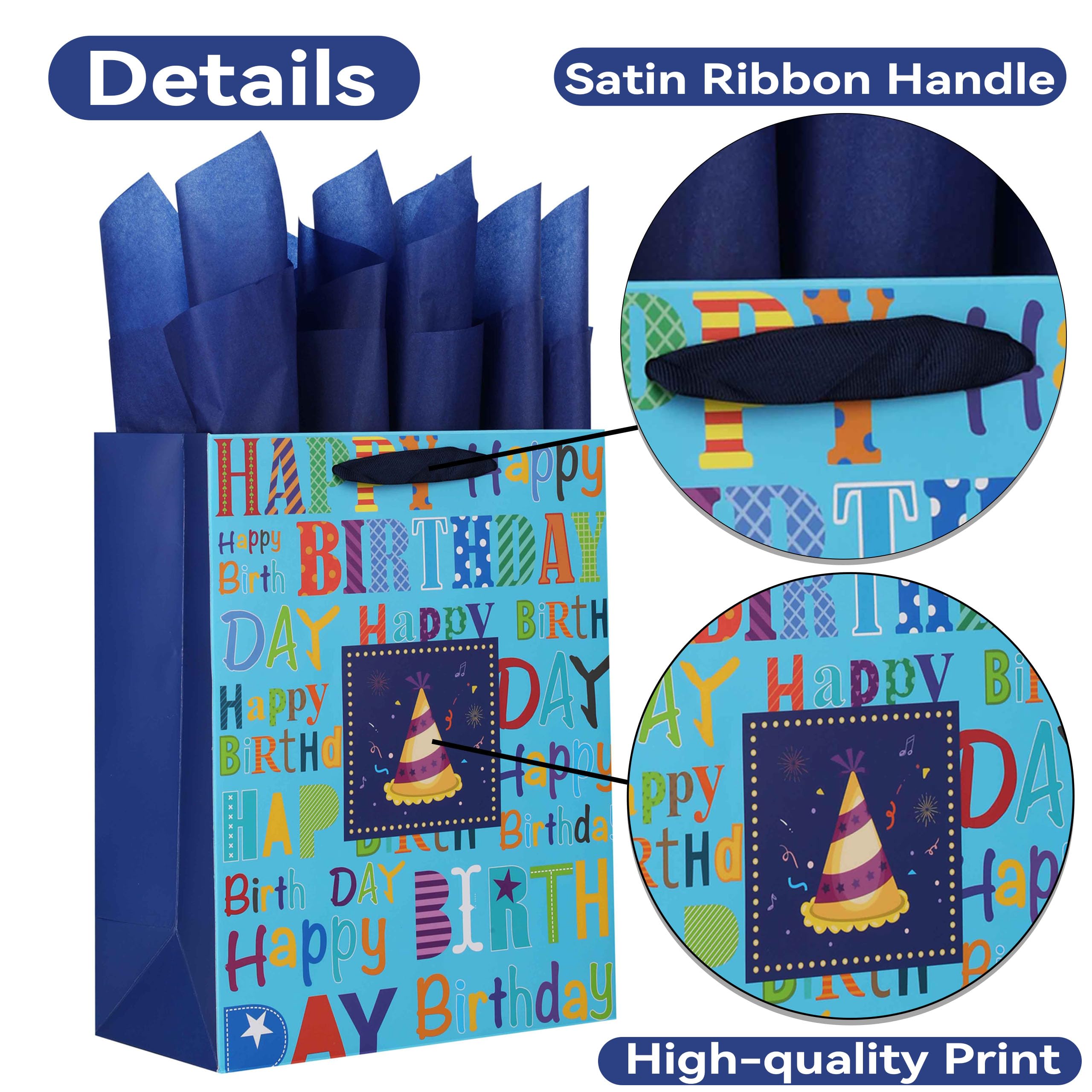 13" Large Blue Gift Bag Set with Greeting Card and Tissue Paper(Colorful Happy Birthday Text) for Boys’, Girls’ or Kids' Birthday Party, Men's or Women's Birthday Parties, Baby Shower - 10.2”x5.2”x13”, 1 Pcs.