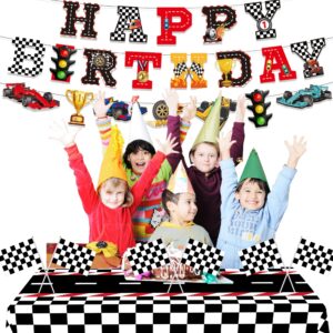 XIPEGPA Race Car Party Decorations Include Race Car Happy Birthday Banner Race Car Tablecloths for Race Car Birthday Baby Shower Party Supplies (Race Car Party Decor Kit, 54 x 108 Inch)