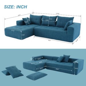 110" Cloud Modular Sectional Sofa, Linen L-Shape Freedom Combination Sofa with Reversible Chaise, Comfy Deep Seat Floor Living Room Sofa Couch with 3 Pillows for Apartment Office (Blue)