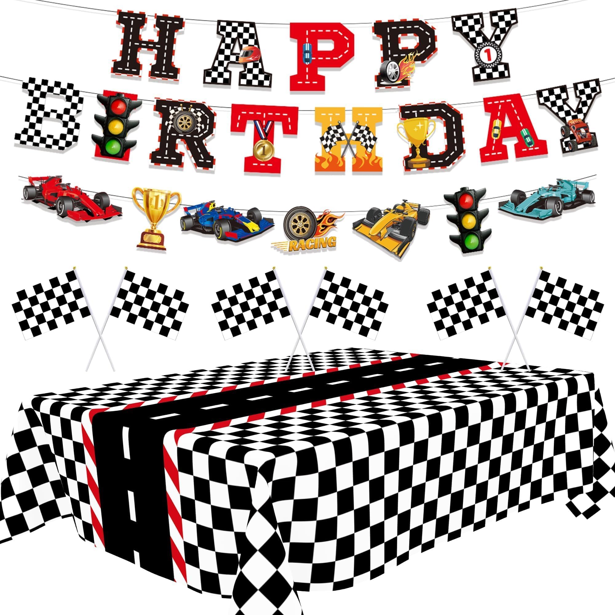 XIPEGPA Race Car Party Decorations Include Race Car Happy Birthday Banner Race Car Tablecloths for Race Car Birthday Baby Shower Party Supplies (Race Car Party Decor Kit, 54 x 108 Inch)