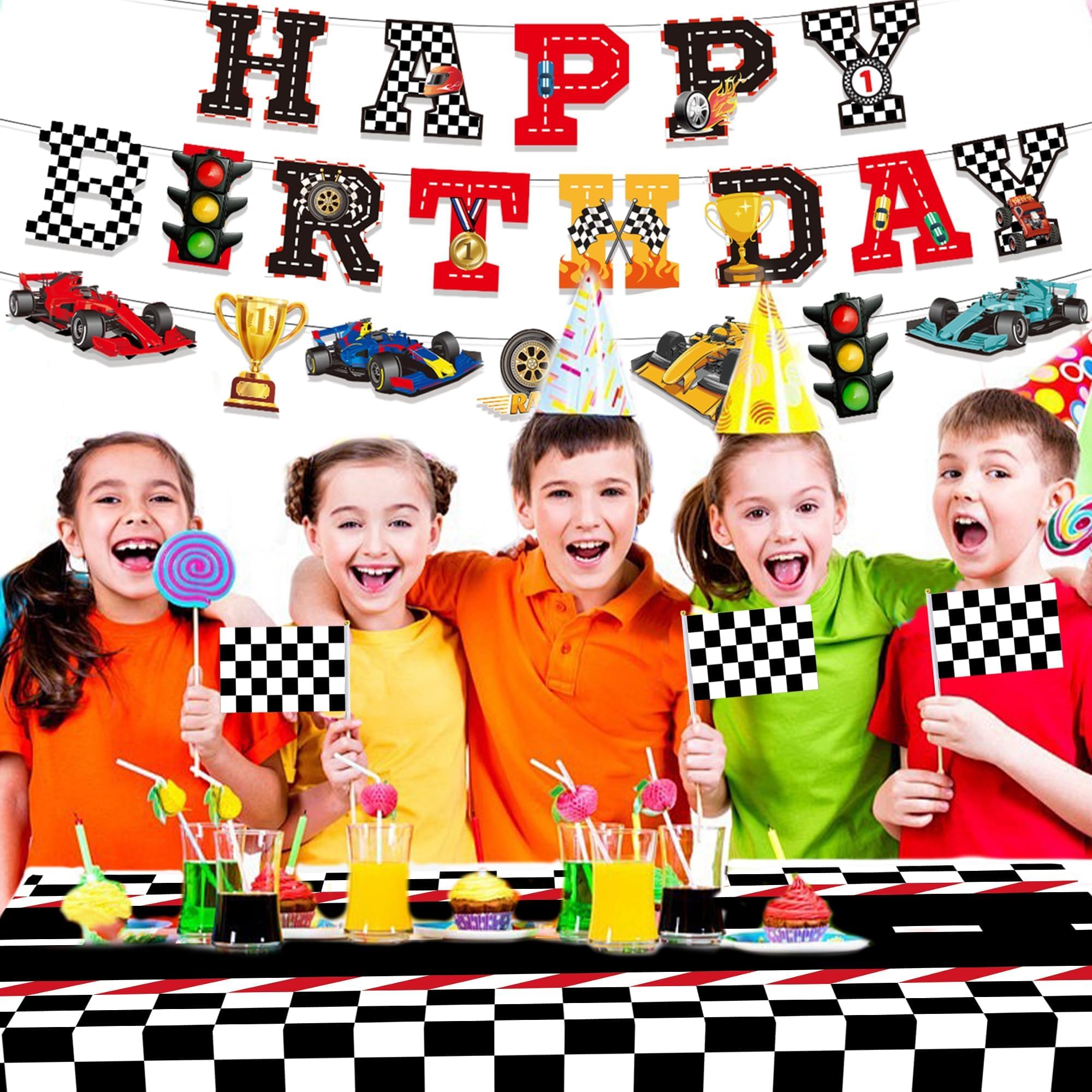 XIPEGPA Race Car Party Decorations Include Race Car Happy Birthday Banner Race Car Tablecloths for Race Car Birthday Baby Shower Party Supplies (Race Car Party Decor Kit, 54 x 108 Inch)