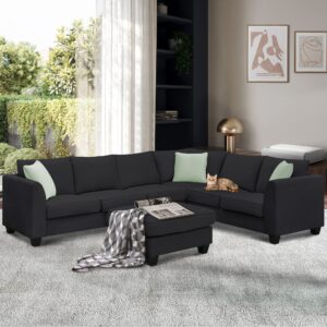 Modern Large U-Shape Sectional Sofa Set, 7 Seat Fabric Sofaset with Movable Ottoman