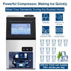 Amzgachfktch Commercial Ice Maker 120lbs/24H Ice Maker Machine with 2 Water Inlets, Under Counter Ice Maker with 30lbs Storage, Freestanding Ice Machine Includes Water Filter, Scoop, Connection Hoses