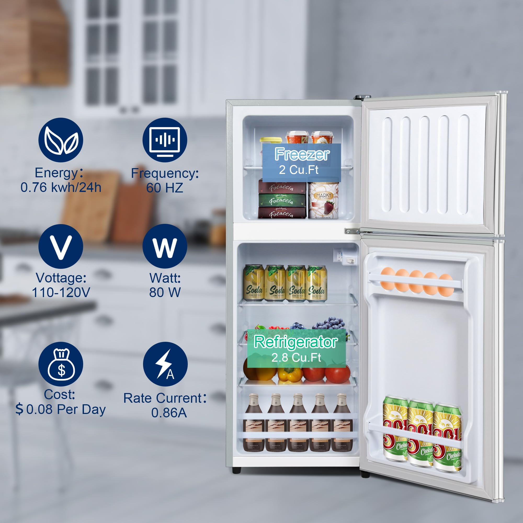 OOTDAY Mini Fridge With Freezer, 4.8 Cu. Ft.Refrigerator With 2 Doors, Apartment Size Refrigerator with Freezer Combo for Bedroom, Office, Kitchen, Apartment, Dorm