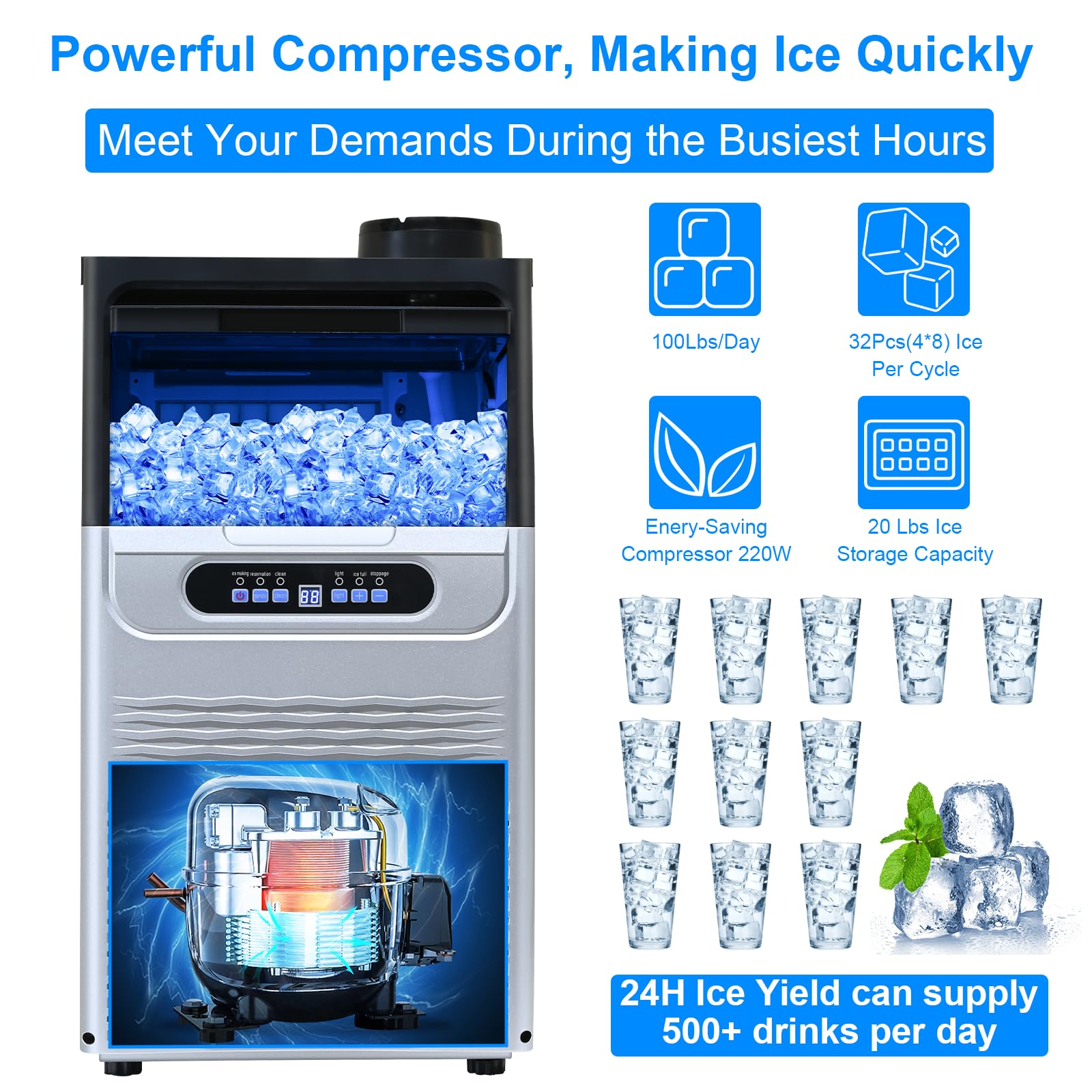 Amzgachfktch Commercial Ice Maker, 100Lbs/24H Ice Maker Machine, 2 Water Inlet Modes, Ice Maker with 20lbs Storage, Auto Self-Cleaning, Under Counter/Freestanding Ice Maker for Home/Office/Shop/Bar