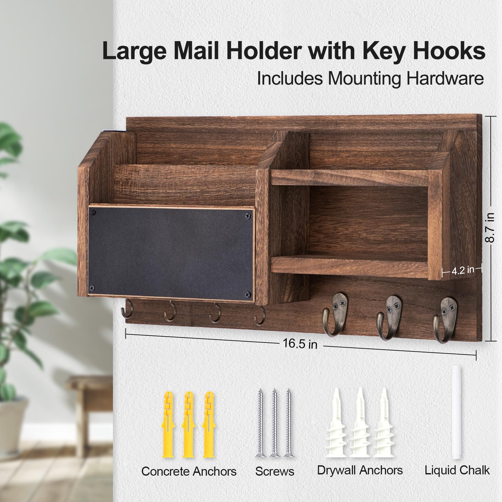 Lwenki Mail and Key Holder – Wall Mount Key Hanger with Shelf and 7 Metal Hooks – Decorative Natural Paulownia Wood Entryway Organizer with Mounting Hardware (16.5”W x 8.7”H x 3.5”D) (Brown)