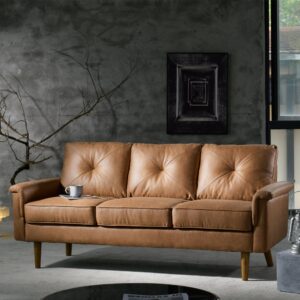 72'' 3-seater deep seat sofa couch, mid-century modern couch, brown faux leather small couch for apartment, living room, bedroom(light brown)