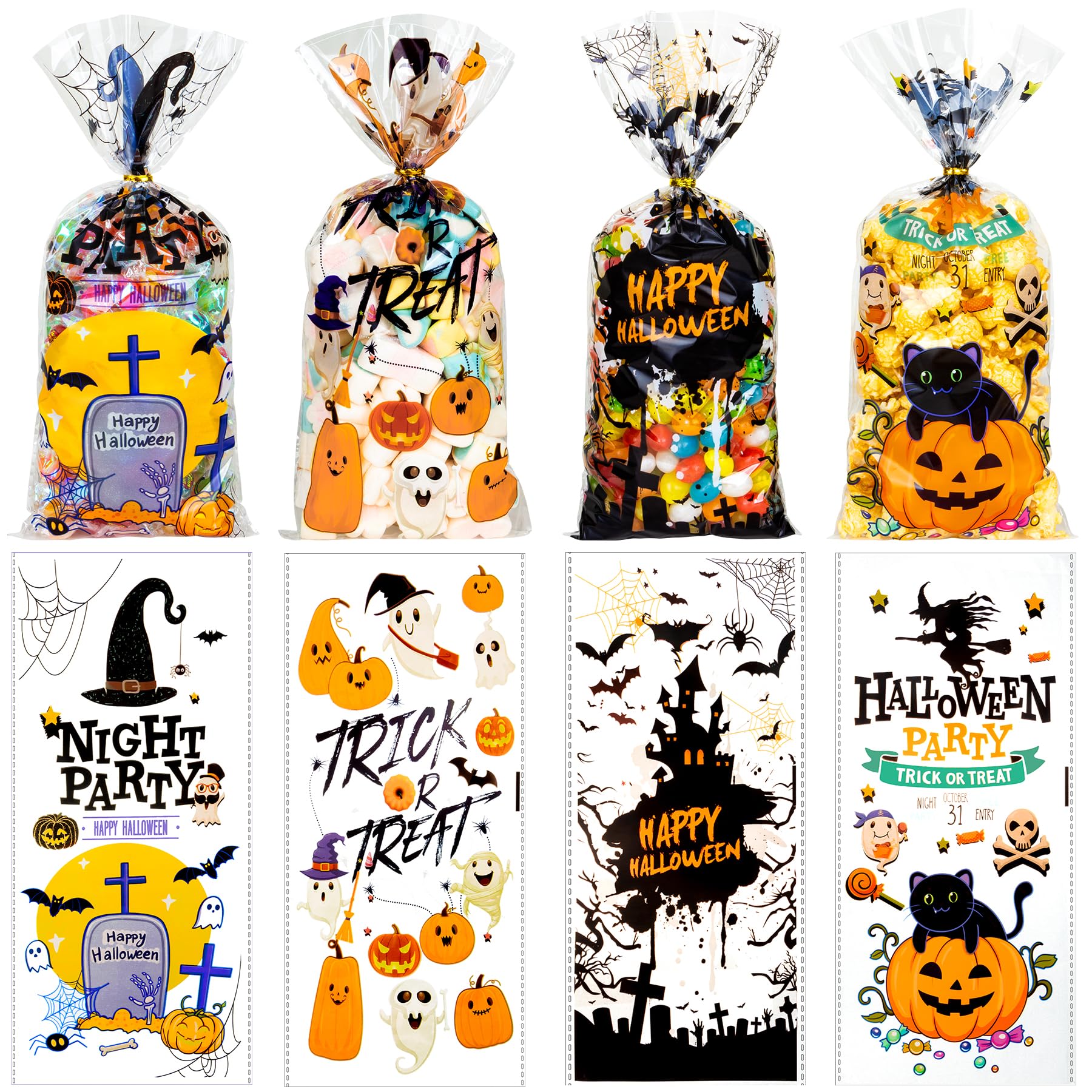 RICEDUO Halloween Cellophane Treat Bags, Halloween Trick or Treat Goody Gags 100pcs with Twists for Snacks Cookies Packing, Goodie Bags Halloween Party Supplies