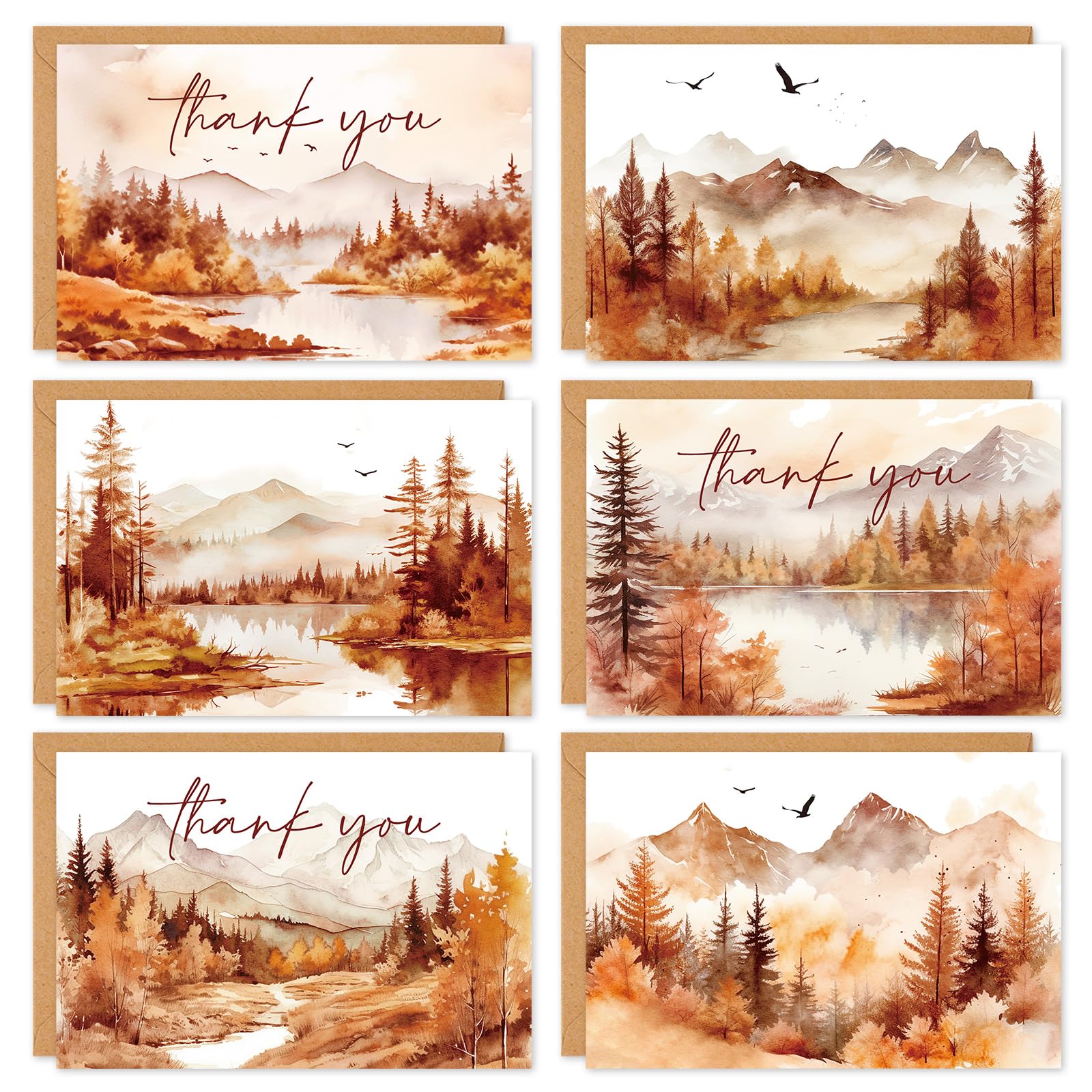 Whaline 48 Pack Fall Thank You Card Watercolor Forest Mountain Landscape Greeting Cards with Envelope Sticker Blank Note Cards for Autumn Thanksgiving Wedding, 4 x 6Inch