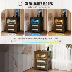 FREDEES Rustic Nightstand with Gun Drawer, End Table with Charging Station, LED Bedside Table with Human Sensor Light, Rattan Night Stand for Bedroom, Brown