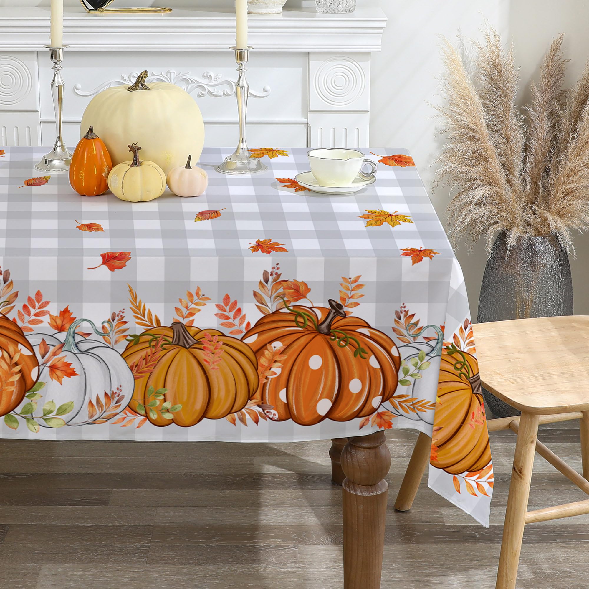 cusugbaso Fall Tablecloth 60x84 Inch Rectangle - Grey Plaid Pumpkins Fall Decorations for Home - Water Resistant Harvest Thanksgiving Table Cloth Rectangle for Party, Dinning, Home