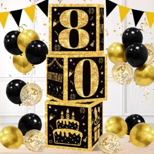 80th birthday decorations boxes for men- 3pcs black gold happy 80th birthday balloons boxes, 80 year old party supplies for men women