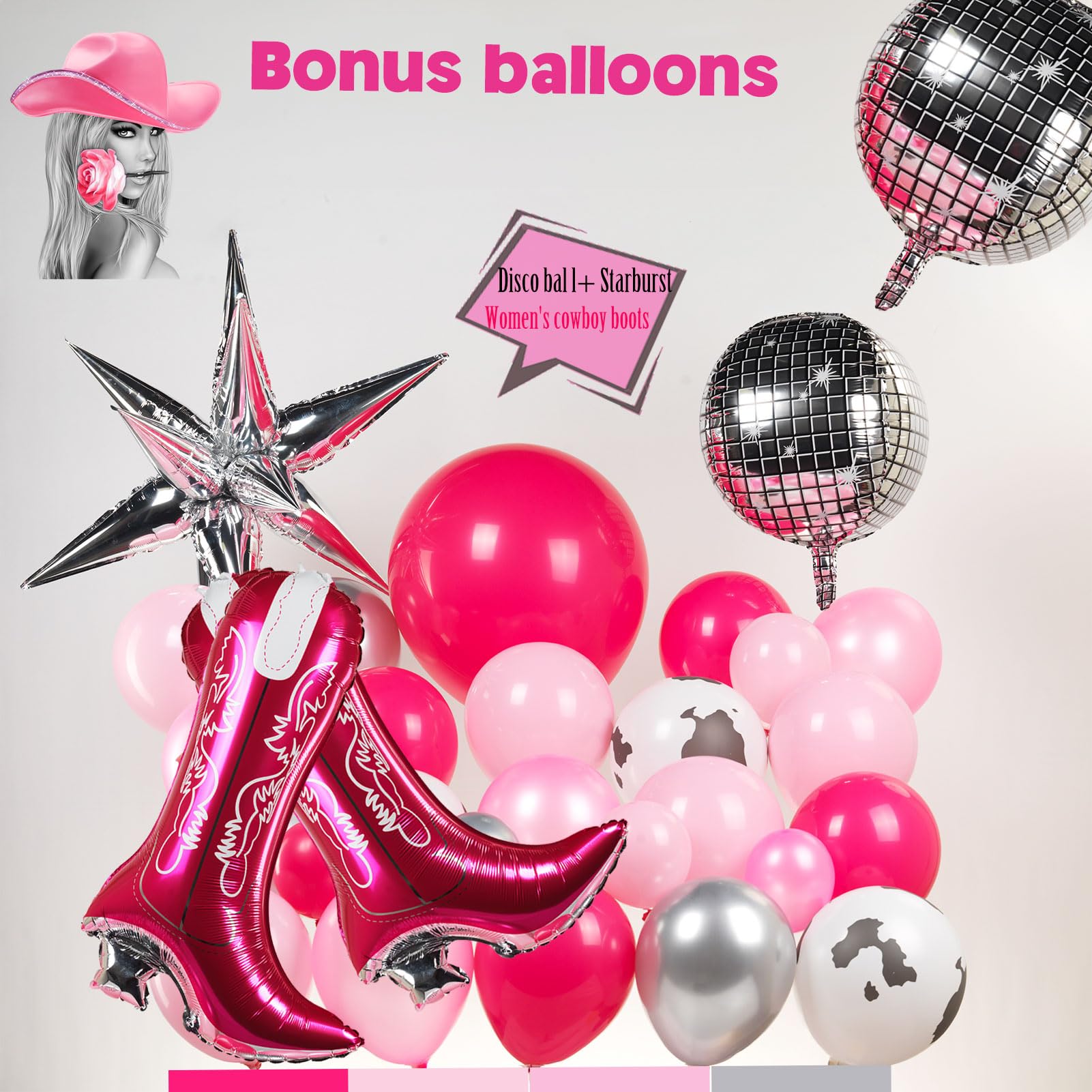 Yeewaka Farm cowgirl disco balloon garland arch kit 120p+ Hot Pink and silver balloons with cowgirl boots Disco ball star mylar balloon for Women30th Birthday last rodeo bachelorette party decorations