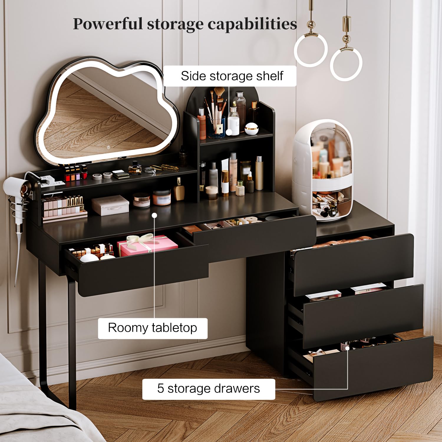 YYJ Makeup Vanity Table with 27.5 * 19.7in Lighted Mirror,Power Strip Charging Station, Vanity Desk with Storage Shelves,3 Lighting Modes, Brightness Adjustable,Writing Desk with 5 Drawers, Black