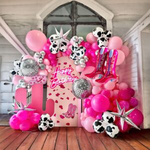 yeewaka farm cowgirl disco balloon garland arch kit 120p+ hot pink and silver balloons with cowgirl boots disco ball star mylar balloon for women30th birthday last rodeo bachelorette party decorations