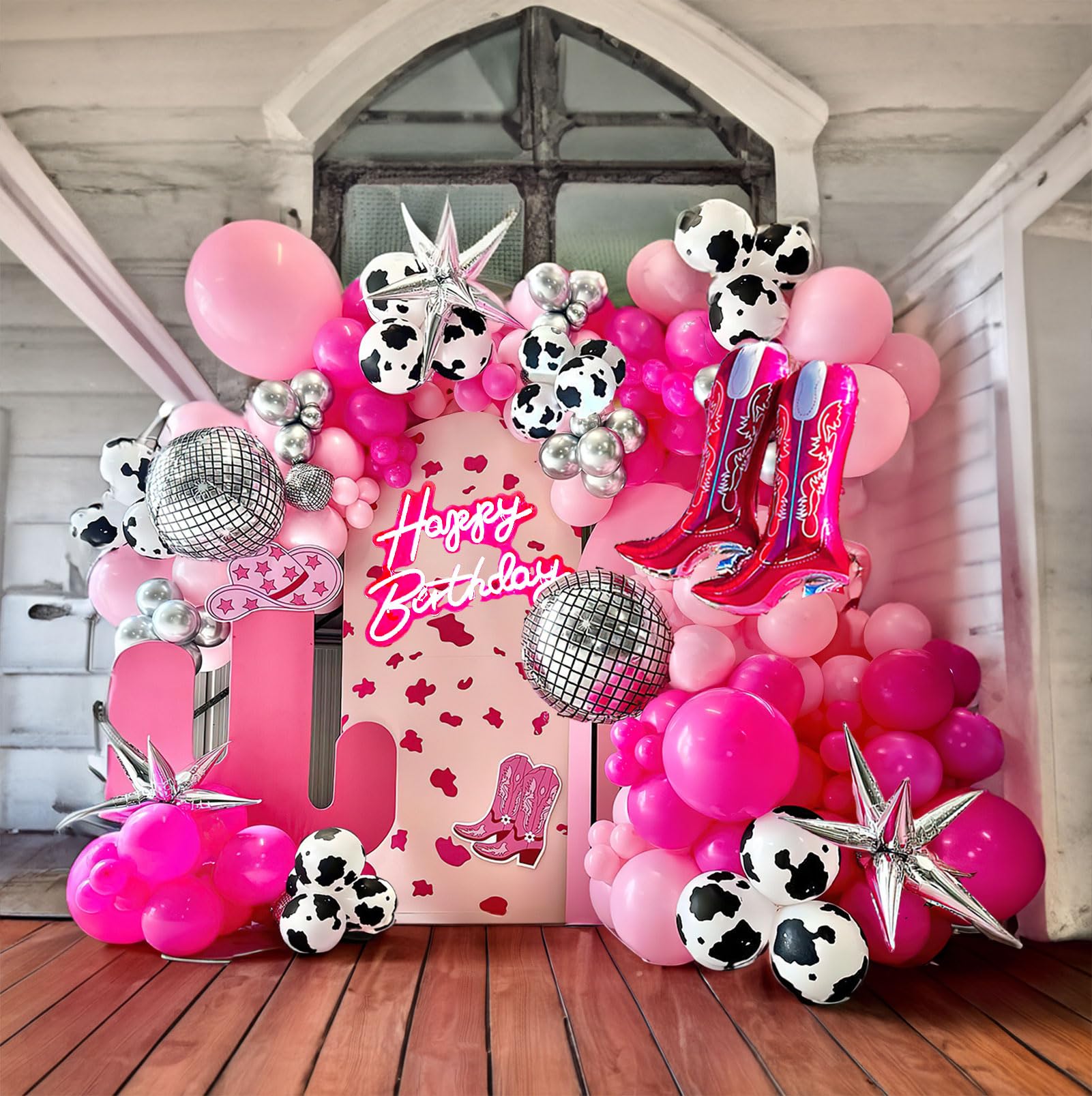 Yeewaka Farm cowgirl disco balloon garland arch kit 120p+ Hot Pink and silver balloons with cowgirl boots Disco ball star mylar balloon for Women30th Birthday last rodeo bachelorette party decorations