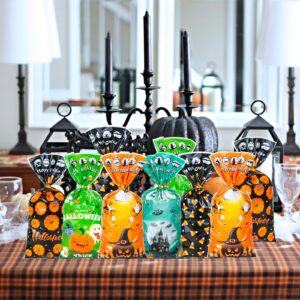 RICEDUO Halloween Cellophane Bags,100PCS Halloween Candy Cookie Treat Bags with 100 Piece Twist Ties for Halloween Party Favor Supplies, 5 Assorted Styles