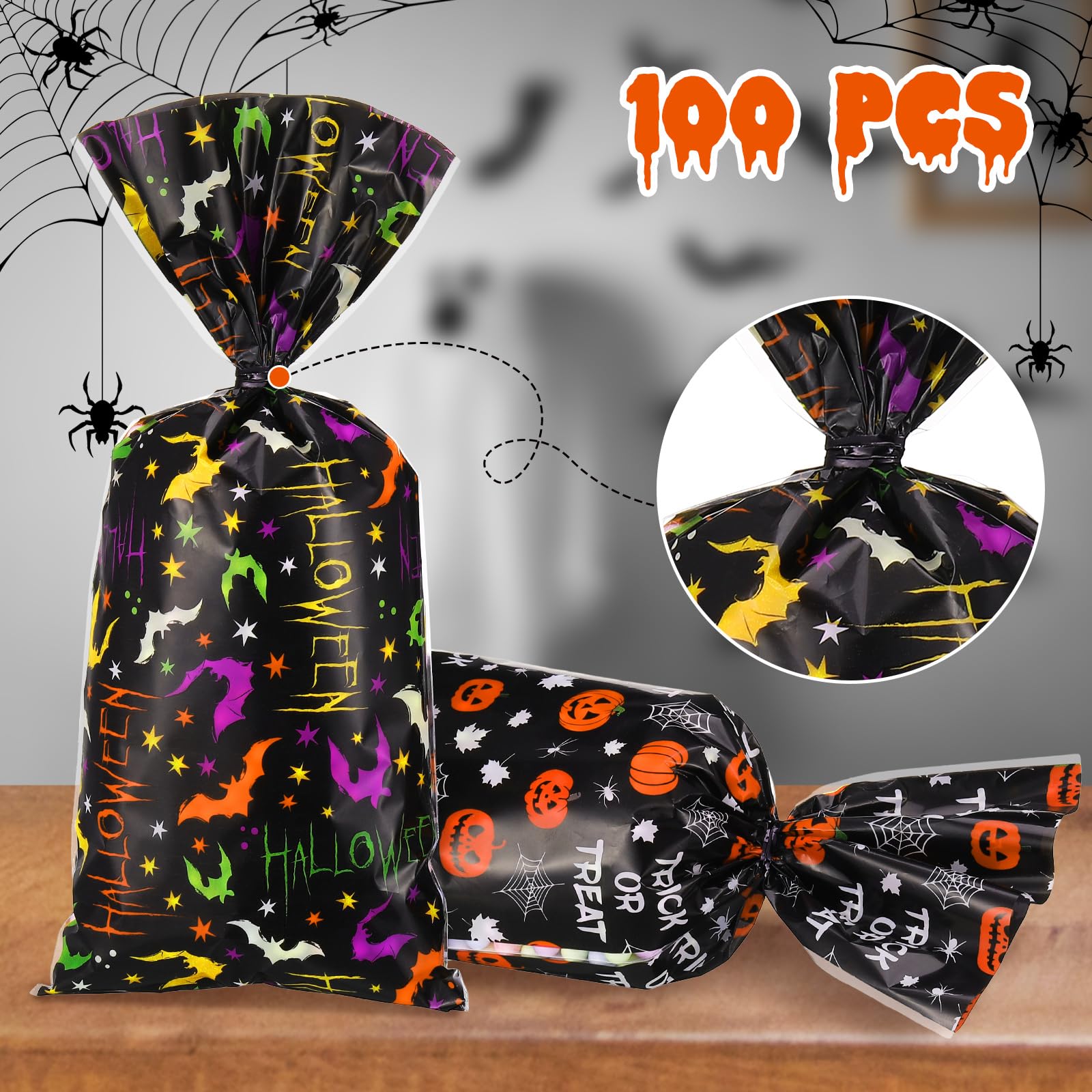 Hotop 160 Pcs Halloween Cellophane Bags Halloween Treat Bags Plastic Halloween Party Favors Bags Trick or Treat Cookie Goodie Bags with Ties for Halloween Party Favors Gifts, 8 Design