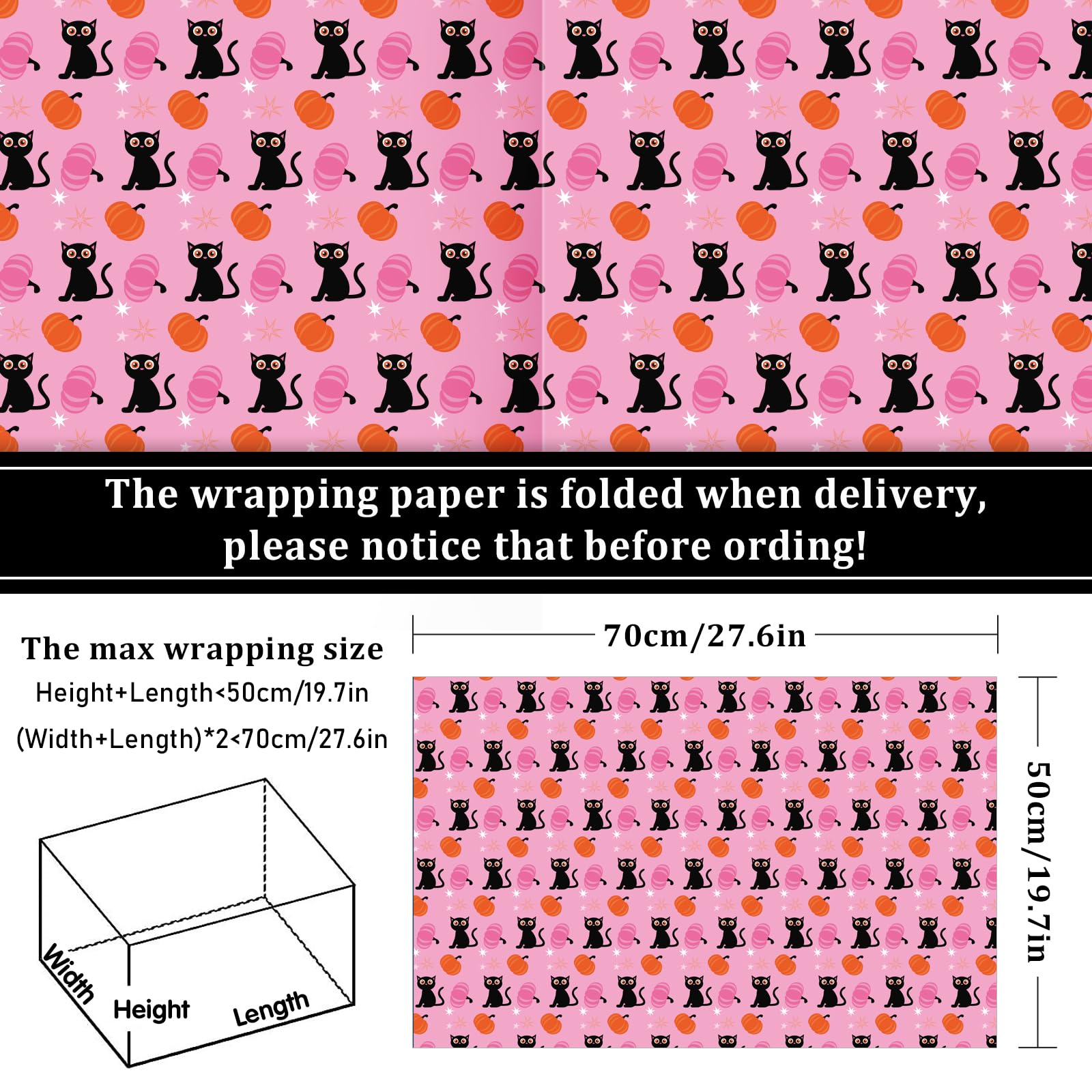 Whaline 12 Sheets Pink Halloween Wrapping Paper - Not Roll - Pink Black Ghost Gift Wrap Paper Pumpkin Cat Folded Flat Cute DIY Art Craft Paper for Halloween Party Decor Supplies, 19.7 x 27.6 Inch