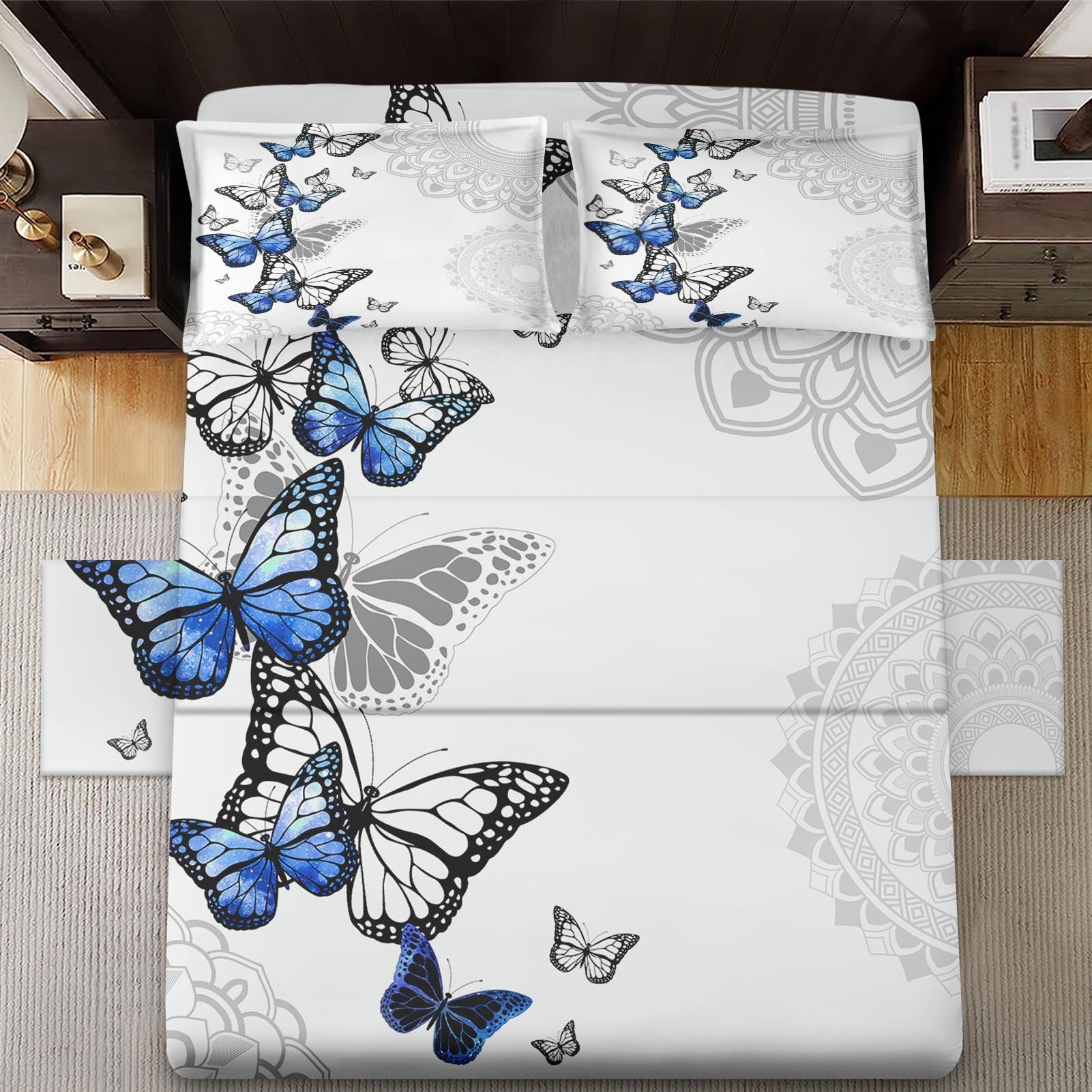 WeCozy Twin Size 3 Pcs Bed Fitted Sheet Set with 14" Deep Pocket, Abstract Circular Mandala Floral Flat Sheet Set for Kids and Adults, Summer Spring Blue Butterfly Bedding Set with Pillowcase