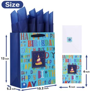 13" Large Blue Gift Bag Set with Greeting Card and Tissue Paper(Colorful Happy Birthday Text) for Boys’, Girls’ or Kids' Birthday Party, Men's or Women's Birthday Parties, Baby Shower - 10.2”x5.2”x13”, 1 Pcs.