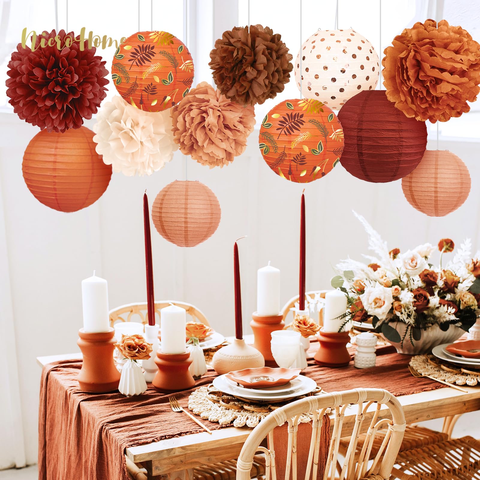 NICROHOME Fall Party Decoration, 12 PCS Carmine Rust Orange Light Brown Tissue Paper Pom Poms and Lanterns for Thanksgiving, Halloween, Retro Party, Classical Wedding, Birthday, Fall Celebration Decor