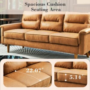 weaxty W 72" Classic 3-Seater Sofa Faux Leather Couch with Curved Armrest and Solid Wood Frame, Suede Fabric Small Faux Leather Couch for Living Room (Brown)