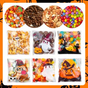 RICEDUO 200Pcs Halloween Candy Bags, Self-Adhesive Clear Cookie Treat Bags, Cellophane Plastic Gift Bags for Halloween Party Supplies, Homemade Crafts, and Snack Gift Packing (6 Styles)