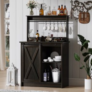 4ever2buy Farmhouse Coffee Bar Cabinet with Hutch, 50’’ Coffee Bar with Sliding Barn Door & 6 Hooks, Coffee Bar Hutch with Adjustable Shelves for Living Dining Room, Dark Oak