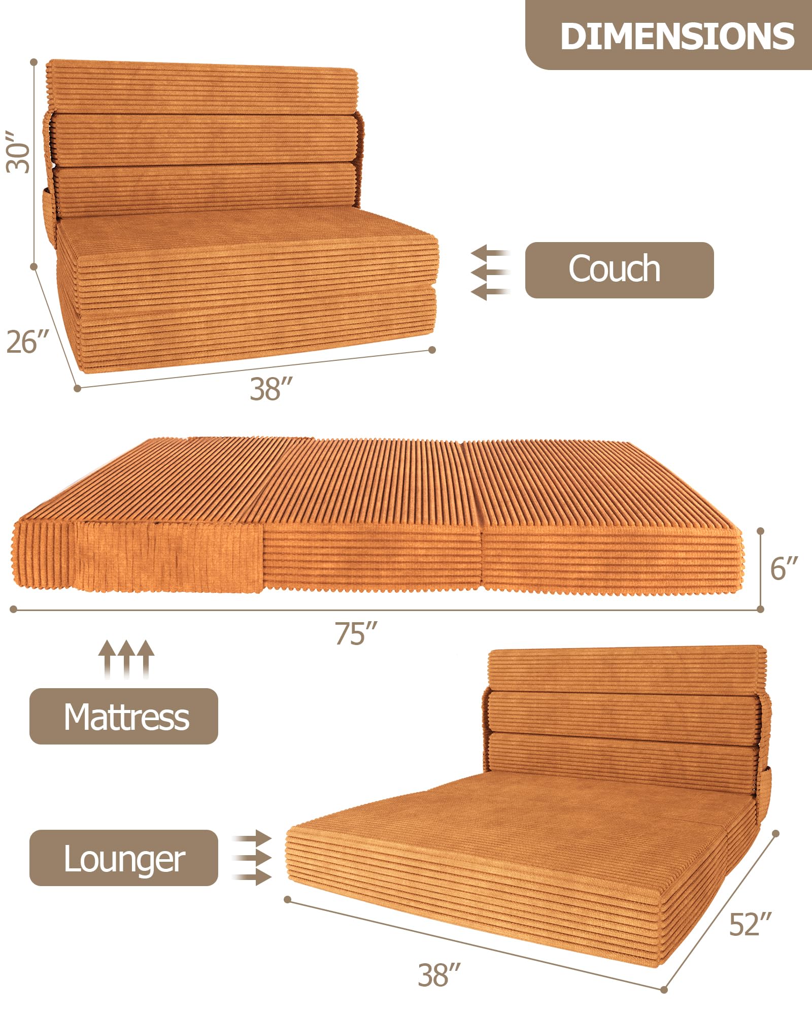 Zenzy Five Folding Sofa Bed, [Higher Backrests] [Luxury Corduroy] 6" Foldable Memory Foam Sleeper Chair, Floor Couch Foldable Mattress for Living Room/Dorm/Guest Room/Apartment, 75"x38"x6" Twin Size