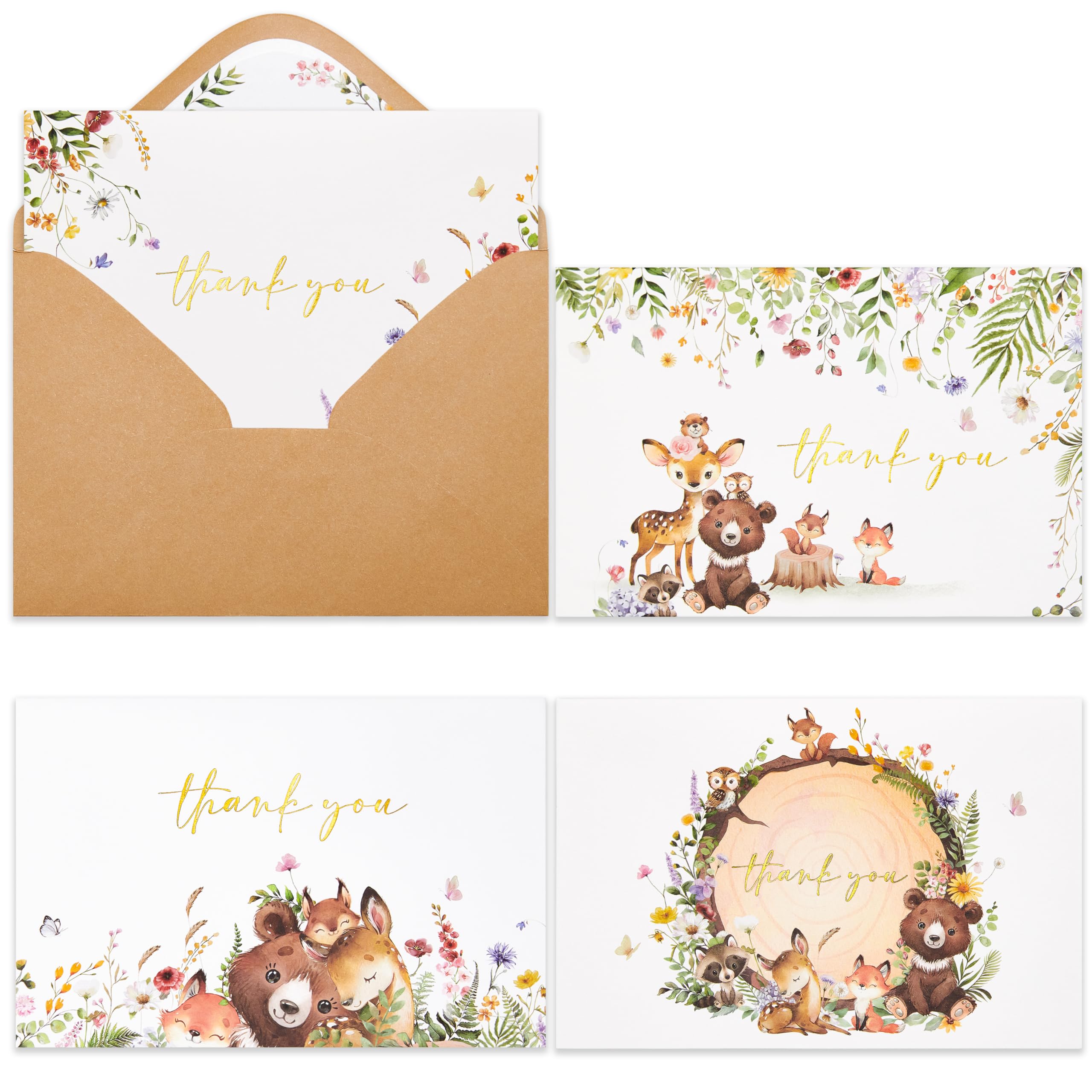 Crisky 50 Pack Woodland Thank You Cards Baby Shower Envelopes and Stickers Gold Foil Woodland Theme for Baby Shower Birthday Party Supplies 4×6 inch