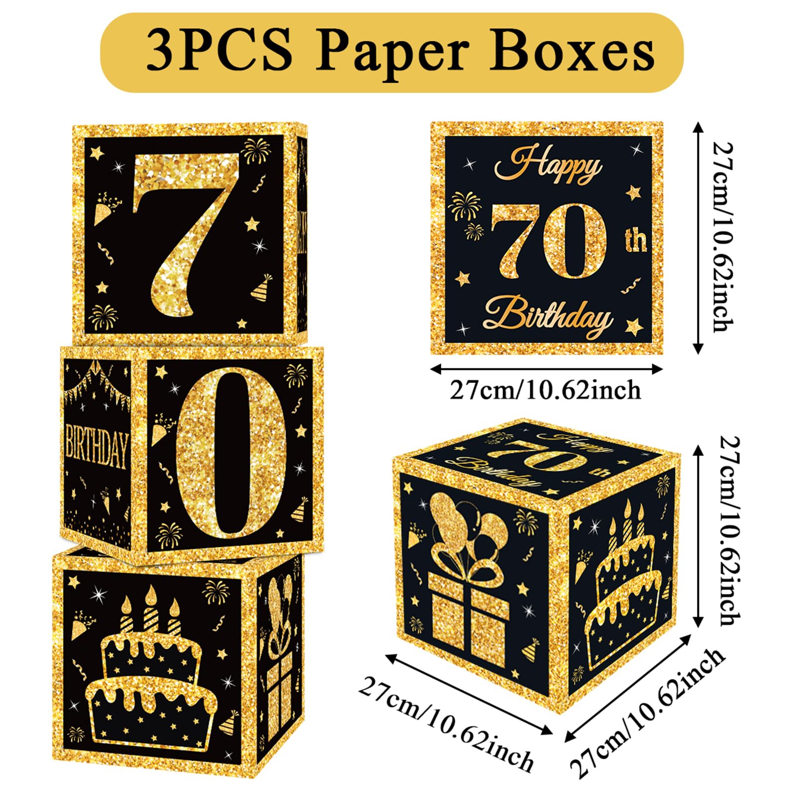 70th Birthday Decorations Boxes for Men- 3PCS Black Gold Happy 70th Birthday Balloons Boxes, 70 Year Old Party Supplies for Men Women