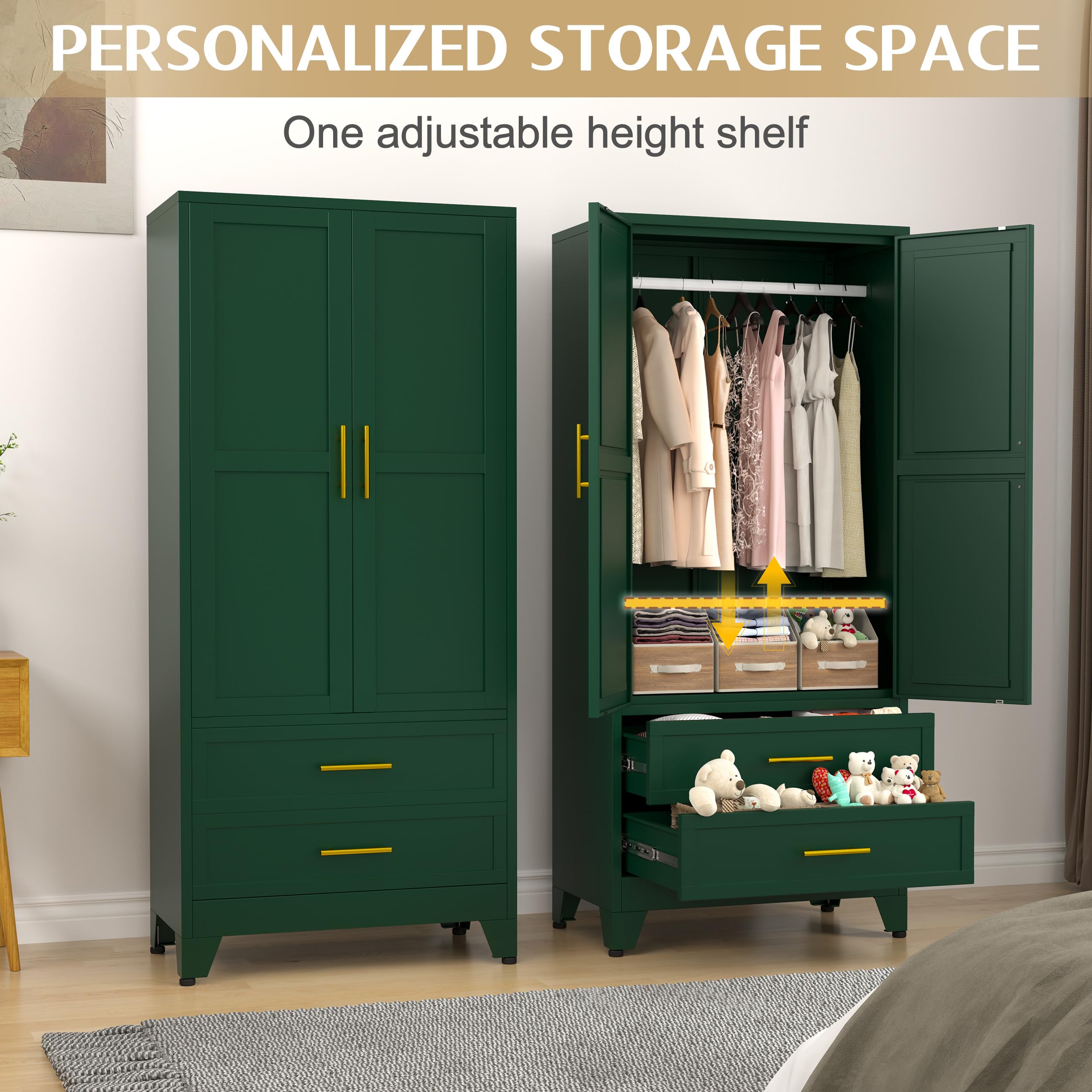 71" Metal Armoire Wardrobe Closet, Metal Wardrobe Cabinet with Hanging Rod (Green)