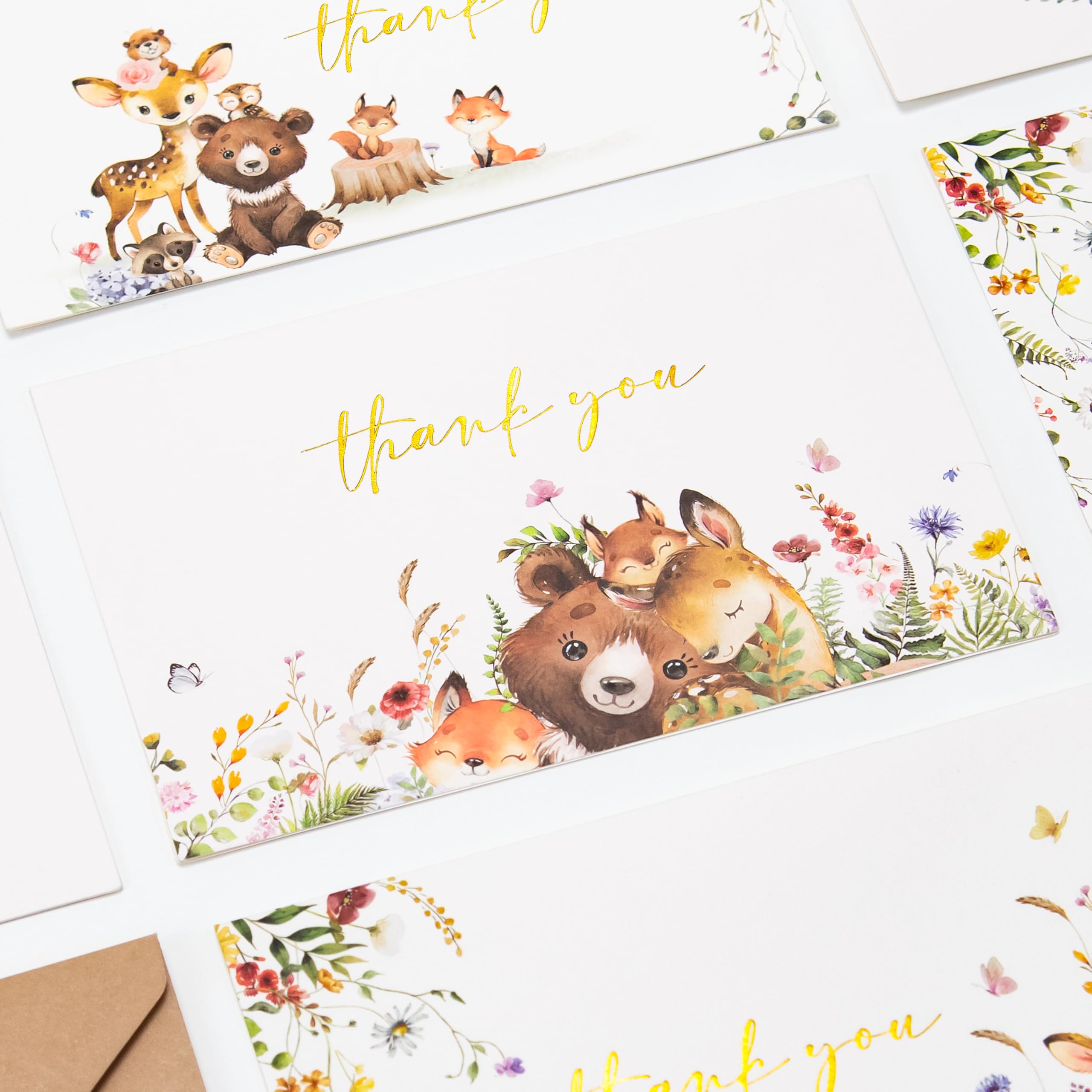 Crisky 50 Pack Woodland Thank You Cards Baby Shower Envelopes and Stickers Gold Foil Woodland Theme for Baby Shower Birthday Party Supplies 4×6 inch