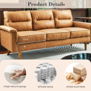 weaxty W 72" Classic 3-Seater Sofa Faux Leather Couch with Curved Armrest and Solid Wood Frame, Suede Fabric Small Faux Leather Couch for Living Room (Brown)