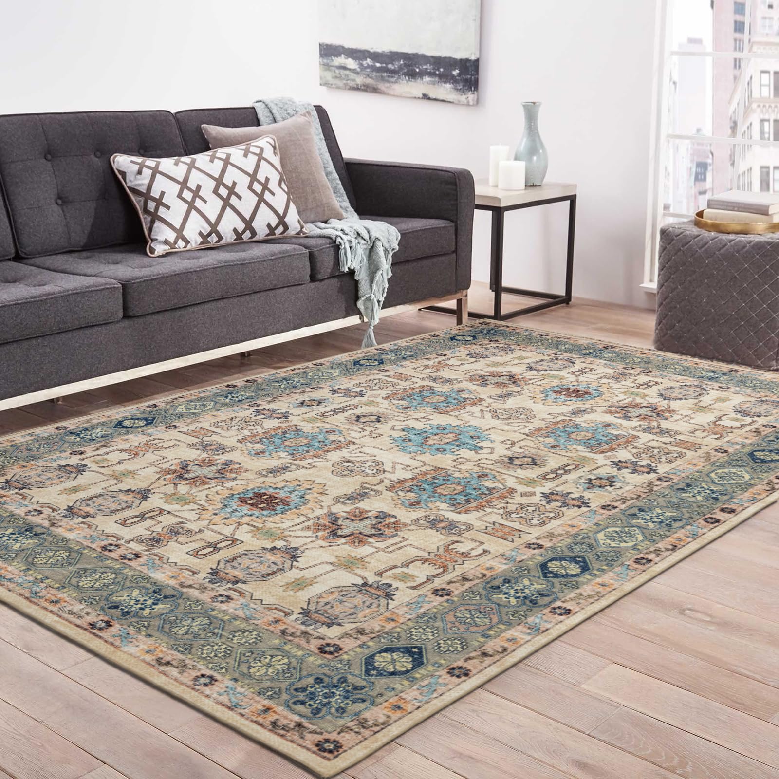 Domitapis Area Rug 5×7, Large Vintage Boho Rug,Ultra-Soft Low Pile, Washable, Non Slip,Stain Resistant, Carpet for Living Room Bedrooms Playroom Office Kitchen,Cream/Blue