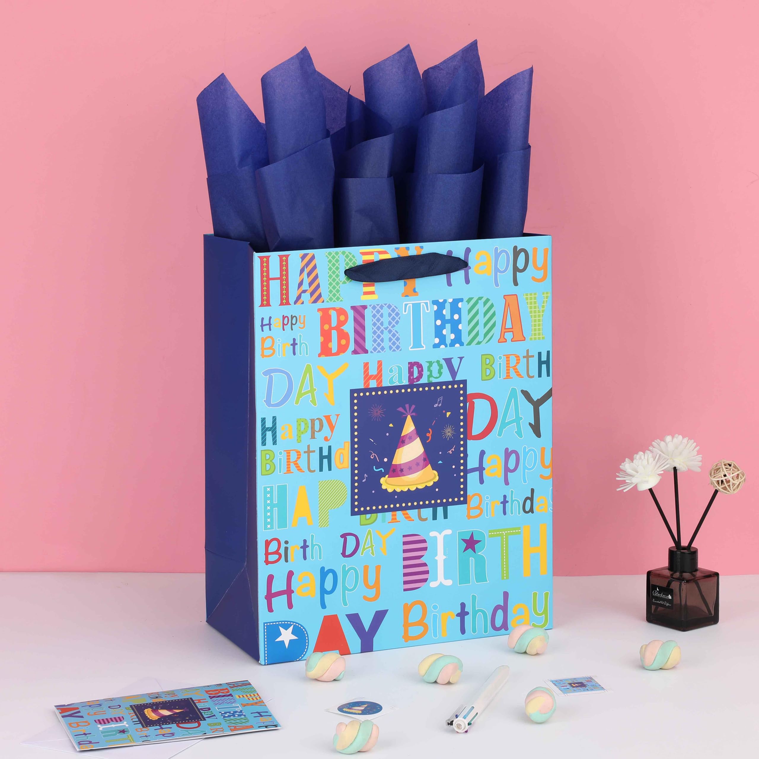 13" Large Blue Gift Bag Set with Greeting Card and Tissue Paper(Colorful Happy Birthday Text) for Boys’, Girls’ or Kids' Birthday Party, Men's or Women's Birthday Parties, Baby Shower - 10.2”x5.2”x13”, 1 Pcs.