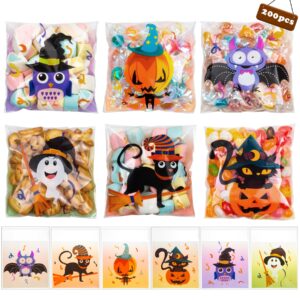 gomanche 200pcs halloween treat bags - self-adhesive clear cookie bags halloween cellophane candy bags for kids' candy party favors, snacks & gifts, 6 assorted styles