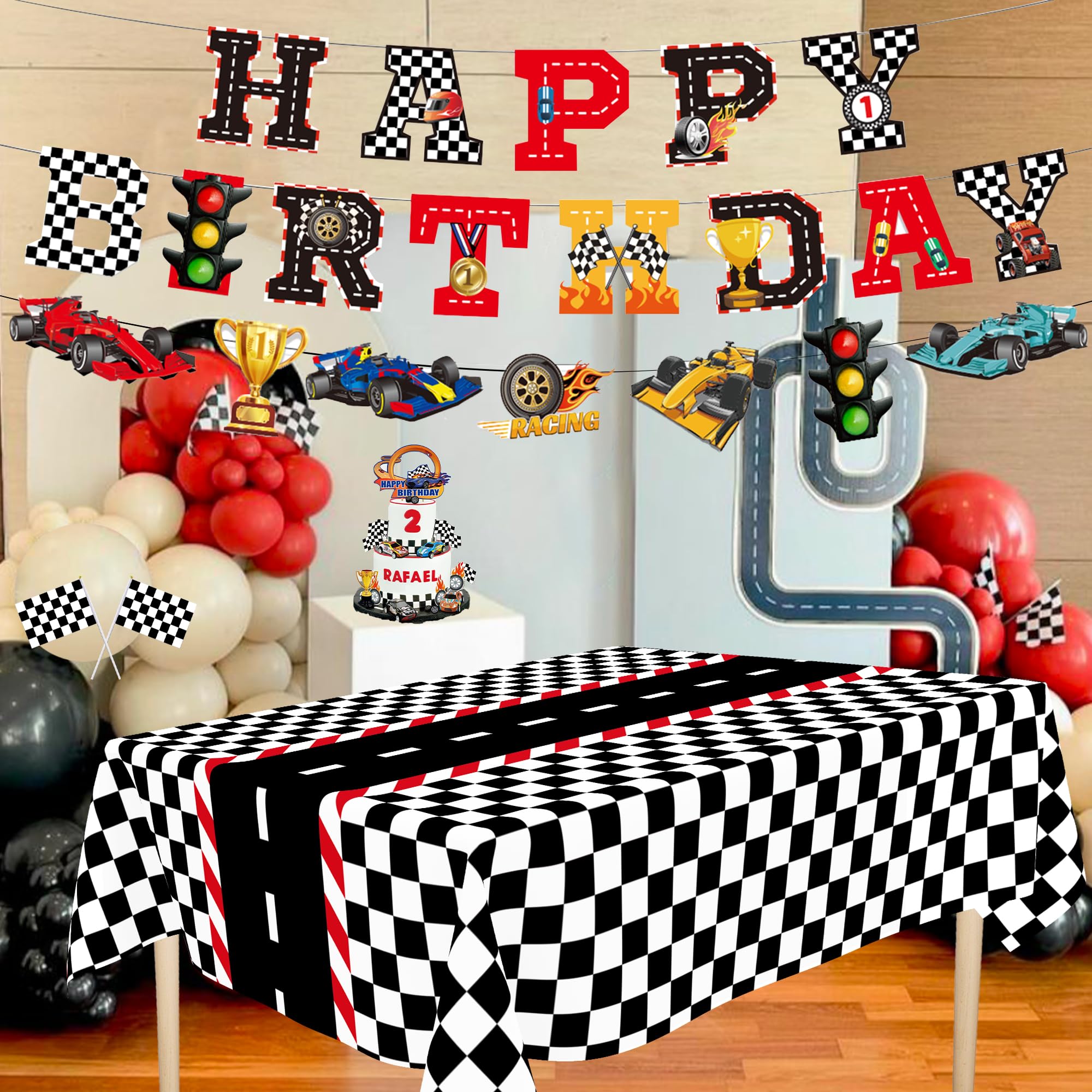 XIPEGPA Race Car Party Decorations Include Race Car Happy Birthday Banner Race Car Tablecloths for Race Car Birthday Baby Shower Party Supplies (Race Car Party Decor Kit, 54 x 108 Inch)